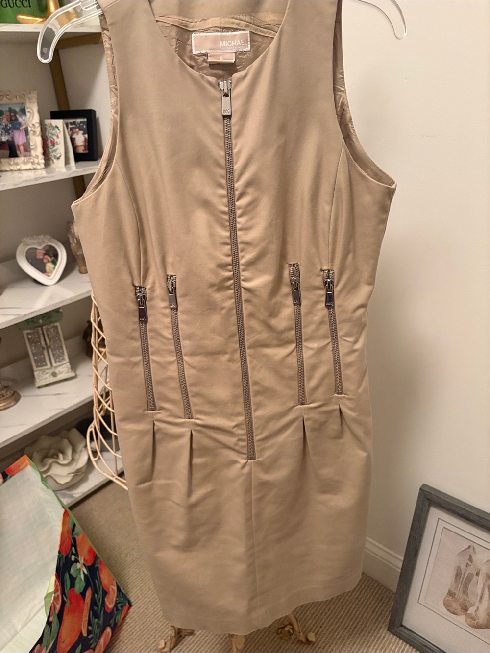 Michael Kors Taupe Zip-Front Sleeveless Shift Dress